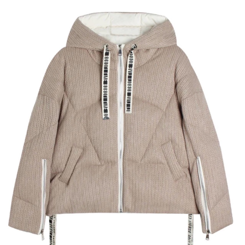 Tan Hooded Puffer Jacket with Drawstrings - Picture 1 of 5